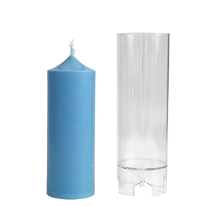 DIY cylindrical candle with cotton wick and clear plastic column mold in blue finish