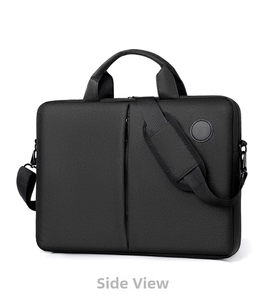 Side view of black laptop briefcase with reinforced handle and adjustable strap