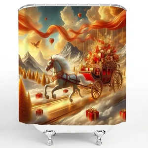 Christmas shower curtain featuring a white horse carriage with red roses in snow mountains