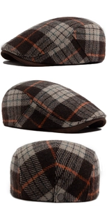 Detailed views of multi-color plaid beret cap with metal buckle and wool texture