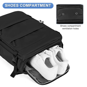 Macro detail of waterproof backpack showing separate shoe compartment and ventilation holes