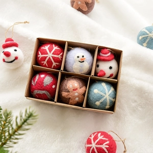 6-piece handmade wool felt Christmas ornaments set with snowflake balls and gingerbread man