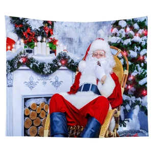 Detailed Christmas backdrop featuring Santa on a rocking chair by the tree and fireplace