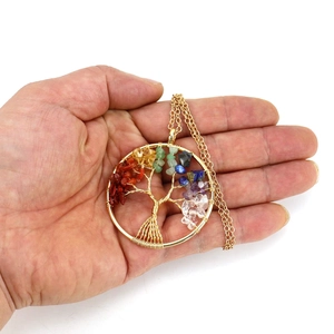 Handmade gold wire-wrapped tree of life pendant necklace with multi-color crystal stones