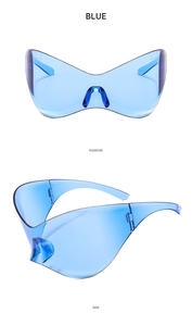 Macro view of blue Y2K futuristic butterfly sunglasses from positive and side angles