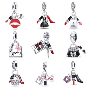 Makeup Theme DIY Charms Silver Plated Enamel Zirconia Lipstick Perfume High Heels Handbag Dangle Beads For Bracelet