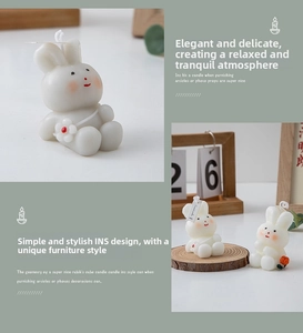 Close-up of a cute rabbit scented candle with floral details and decorative gift tag