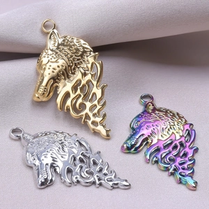 Detailed macro view of wolf head pendants in gold, silver, and iridescent finishes