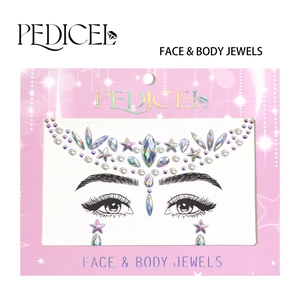 Macro view of iridescent AB rhinestones and pearls face jewel stickers set by Pedicel