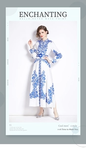 Dettaglio abito stile palazzo con stampa floreale blu e colletto alla coreana abbottonato