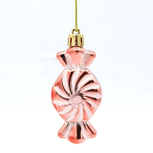 Pink and rose gold candy-shaped Christmas tree ornament with glitter texture decoration