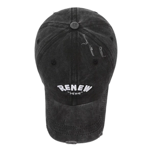Distressed charcoal gray washed denim baseball cap with white RENEW embroidery
