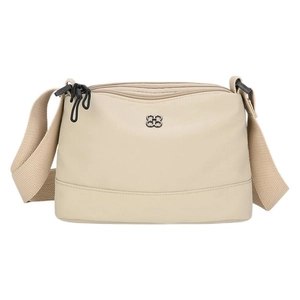 Sac bandoulière en nylon beige minimaliste avec plusieurs poches zippées et boucle trèfle