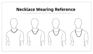 Size chart showing 50cm to 65cm titanium steel necklace lengths on male silhouettes