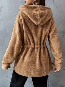 Elegant brown plush hooded jacket for women with drawstring waist and fleece texture