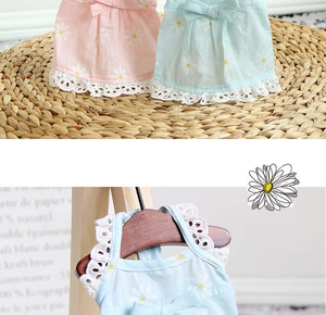 Detail of pet dress with daisy pattern, embroidery lace hem and cute bow accent
