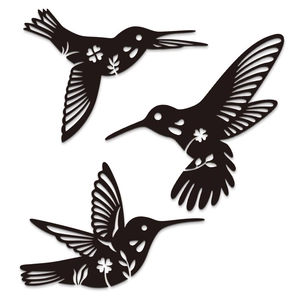 Three-piece black hummingbird wall art set with intricate hollow floral patterns