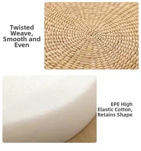 Detail view of woven straw surface and high-elastic EPE cotton filling of the round cushion