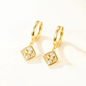 S925 sterling silver hoop earrings with gold rhombus flower pendants and small crystals