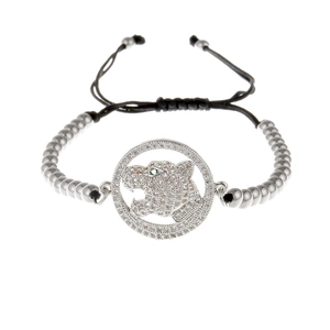 Bracelet ajustable tête de léopard avec zircons blancs et yeux en pierres vertes