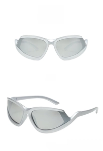 Detail view of silver sports sunglasses with streamlined mercury lenses and matte finish