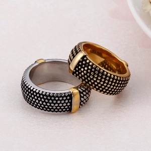 Retro Punk Men Stainless Steel Ring Wide Band Rivet Braided Rope Texture Hip Hop Titanium Steel Jewelry Gold Plated