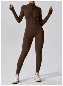 Front view detail of coffee yoga jumpsuit with stand collar and front zipper design