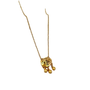 Minimalist titanium steel gold necklace with Fu character longevity lock and tiny bells