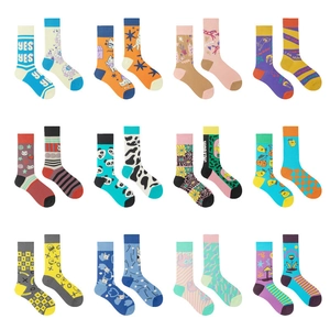 Set of 12 pairs of colorful cotton crew socks with assorted cartoon and geometric patterns