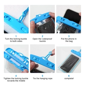 6-step instructional guide for using the blue waterproof phone pouch for swimming