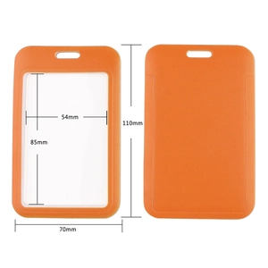 Orange vertical ID badge holder with transparent window and specific dimensions shown