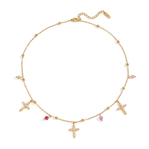 18K gold plated stainless steel necklace with cross pendants and colorful natural stones