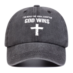 Washed dark grey cotton baseball cap with God Wins cross print in a front view
