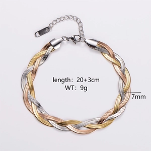 Detail view showing a 7mm wide tri-color woven bracelet with 20+3cm length measurement