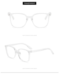 Dettaglio delle montature trasparenti TR90 con lenti anti-luce blu e design oversize