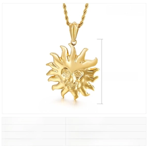 Detailed punk sun god face pendant in gold finish with twist chain specs 52x47mm
