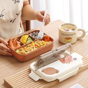 4-compartment bento lunch box with bear pattern lid and built-in phone holder