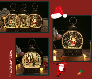 Close-up of retro Christmas lantern with Santa scene and glowing glitter snow effect