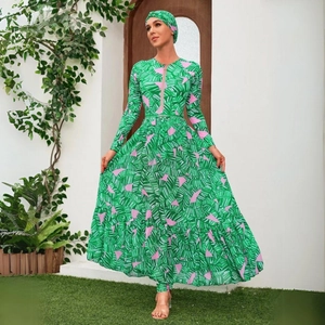 Green tropical print long-sleeve modest swimwear suit with zipper and matching headscarf