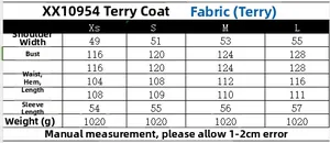 Detailed sizing chart for women's elegant wool coat showing measurements from XS to L