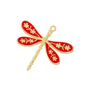 Gold dragonfly pendant with red enamel wings and floral details for DIY jewelry making