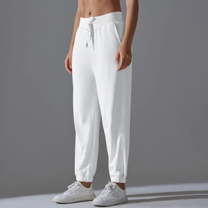 Pantalon de jogging blanc taille haute pour femme avec cordon de serrage et poignets