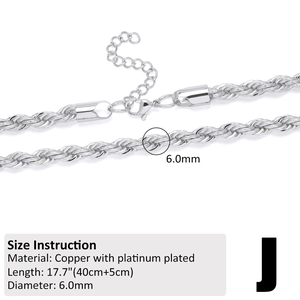 Detailed view of 6mm platinum-plated rope chain with lobster clasp and length specs