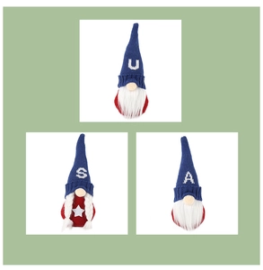 Detailed view of three Independence Day gnomes with knitted USA letters on hats