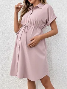 Short sleeve light purple maternity shirt dress with drawstring waist and button closure