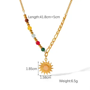Stainless steel sun pendant necklace with rose quartz and colorful beaded chain link