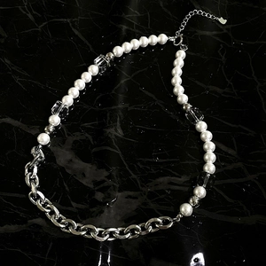 Titanium Steel Splicing Necklace White Faux Artificial Pearl Transparent Square Crystal Chain Niche Luxury Hip Hop Style For Women Men