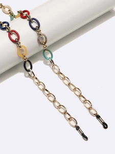 Golden alloy eyewear chain featuring colorful acrylic resin rings and silicone loops