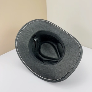 Detail view of cotton blend felt hat interior showing stitching and 35% polyester material