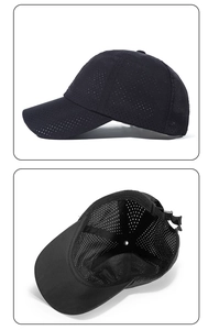Detailansicht der atmungsaktiven schwarzen Mesh-Kappe mit verstellbarem Riemen für Sport